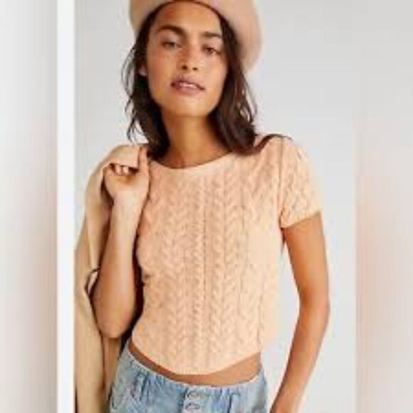 Free People Boho Crop Cream and Orange Baby Cable Knit Tee Crew Neck Sweater szL - Picture 2 of 12